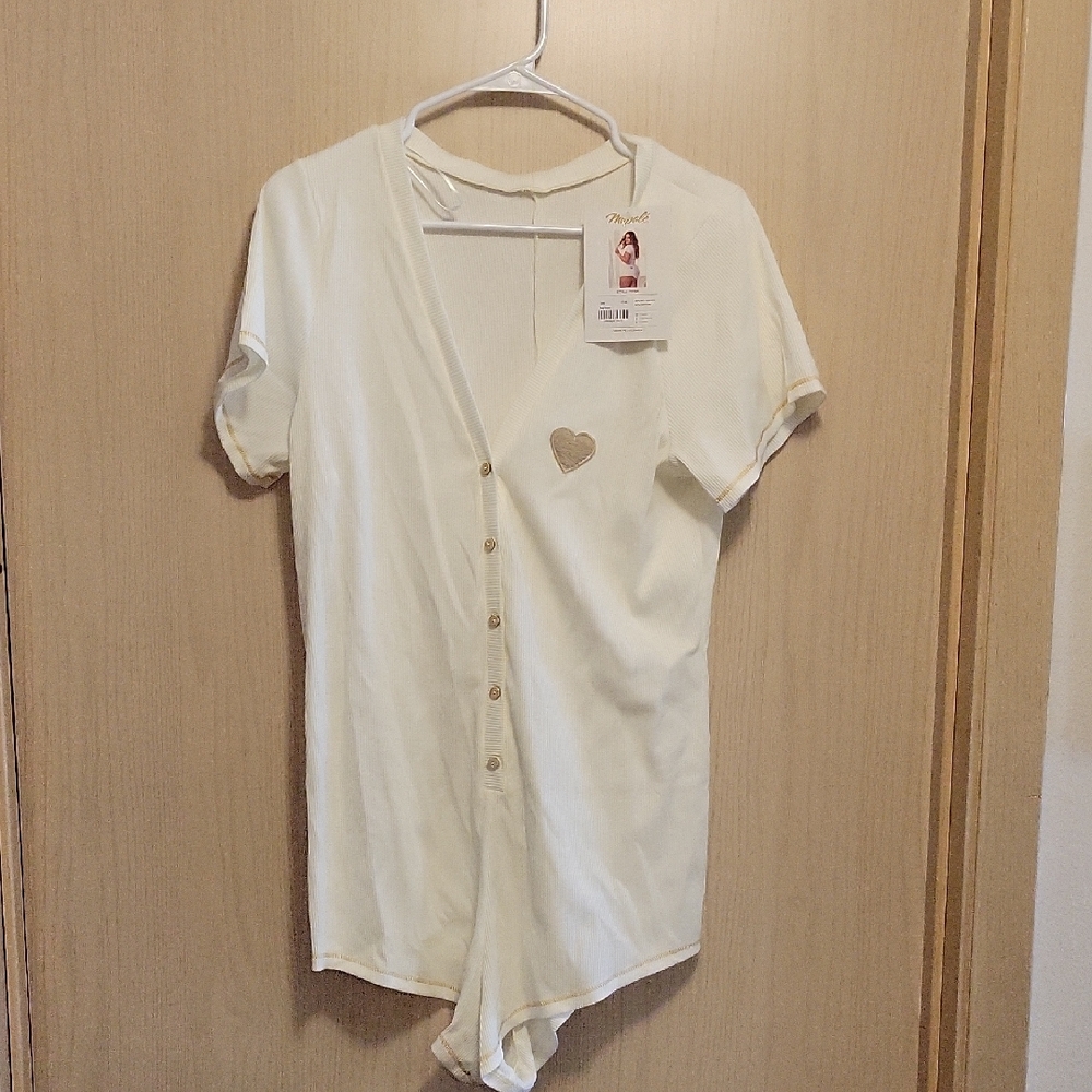 Women's Cream Short Sleeve Button Romper Pajama - Heart Detail
